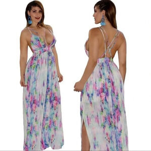L’atiste watercolor pink, green, blue, and ivory spaghetti strap maxi dress.